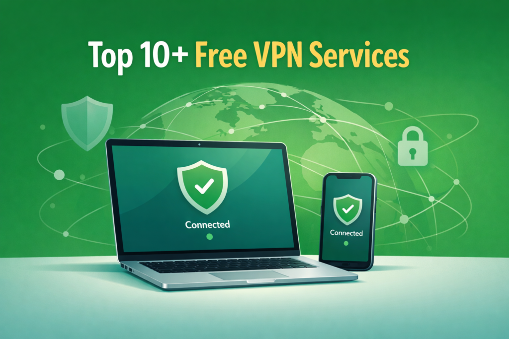 Modern laptop and smartphone displaying VPN connected status with shield and lock icons, abstract globe network on green background, representing top free VPN services for safe and private browsing.”