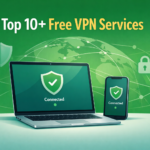 Modern laptop and smartphone displaying VPN connected status with shield and lock icons, abstract globe network on green background, representing top free VPN services for safe and private browsing.”