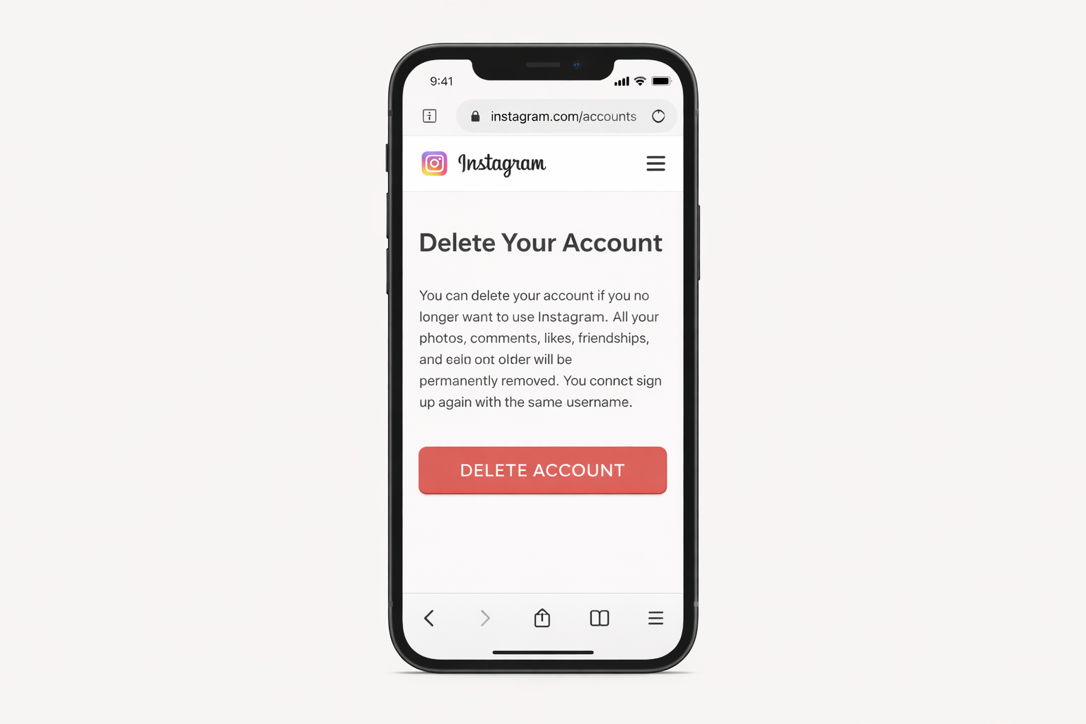 Person deleting Instagram account on smartphone, showing social media account removal and digital privacy concept