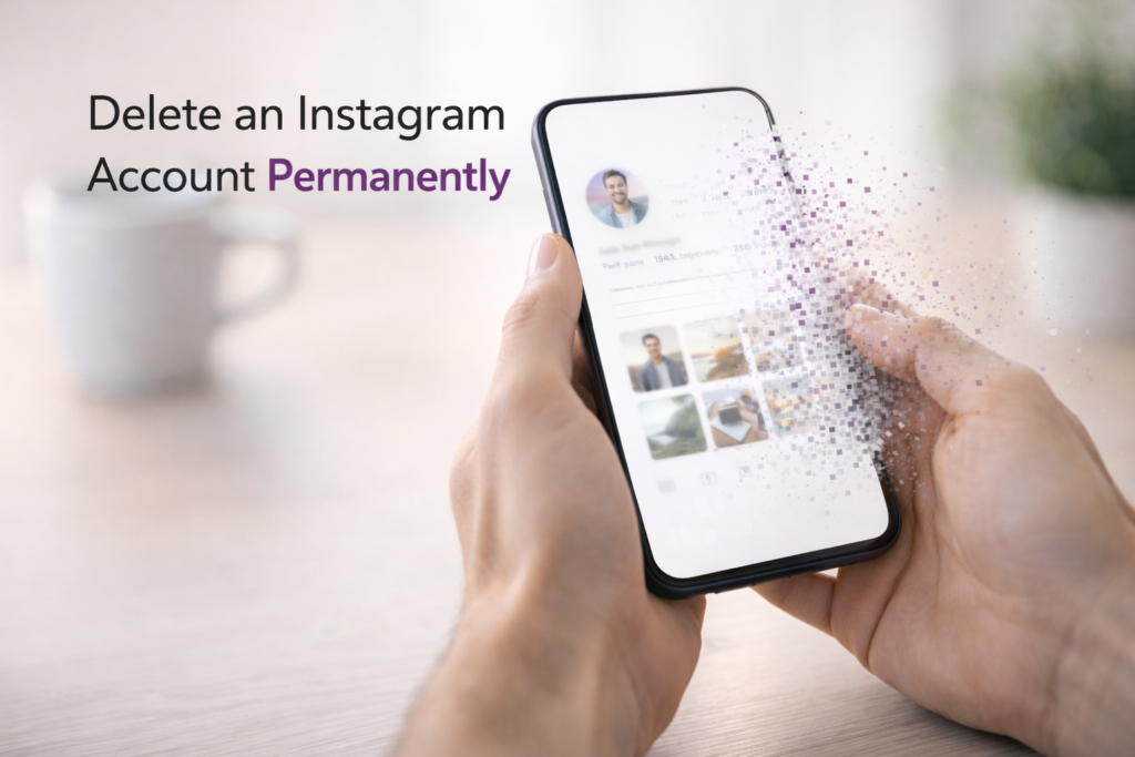 Person deleting Instagram account on smartphone, showing social media account removal and digital privacy concept