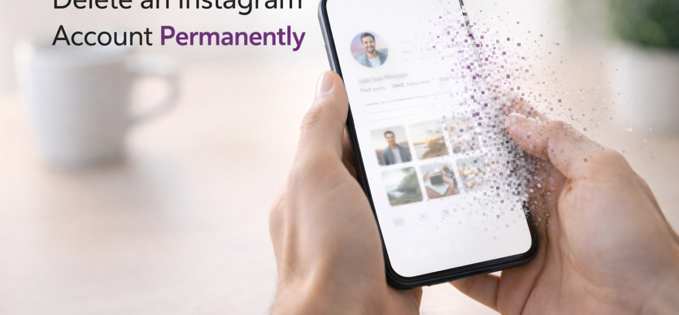 Person deleting Instagram account on smartphone, showing social media account removal and digital privacy concept