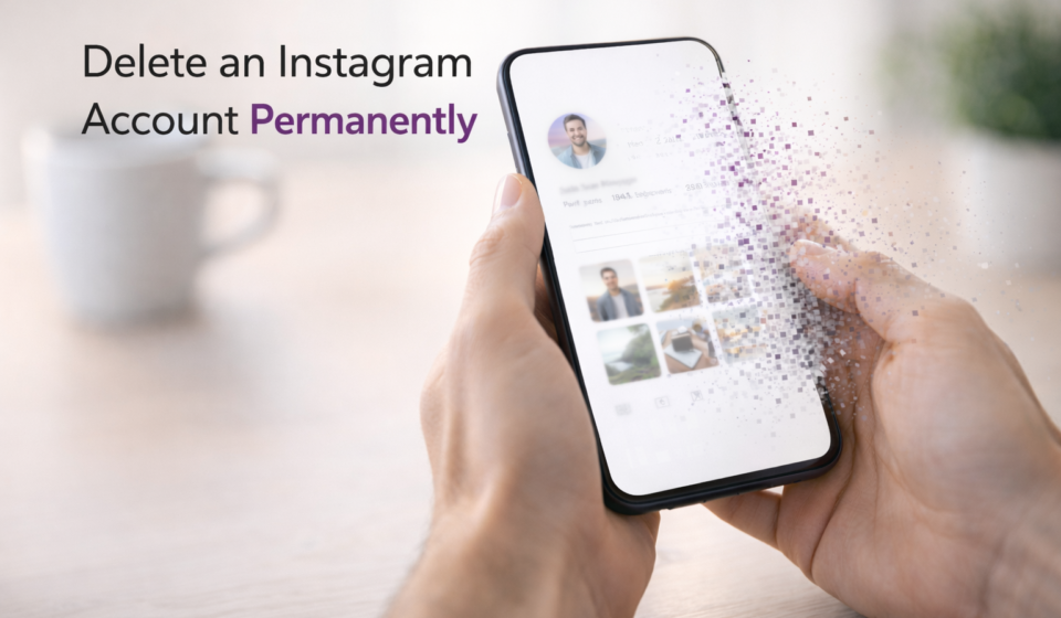 Person deleting Instagram account on smartphone, showing social media account removal and digital privacy concept
