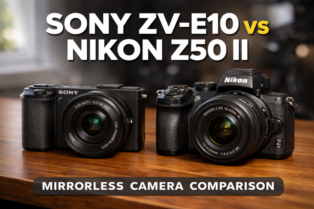 ChatGPT Image Mar 3, 2026, 04_18_12 AM Sony ZV-E10 Mirrorless Camera Lens vs Nikon Z50 II Mirrorless Camera