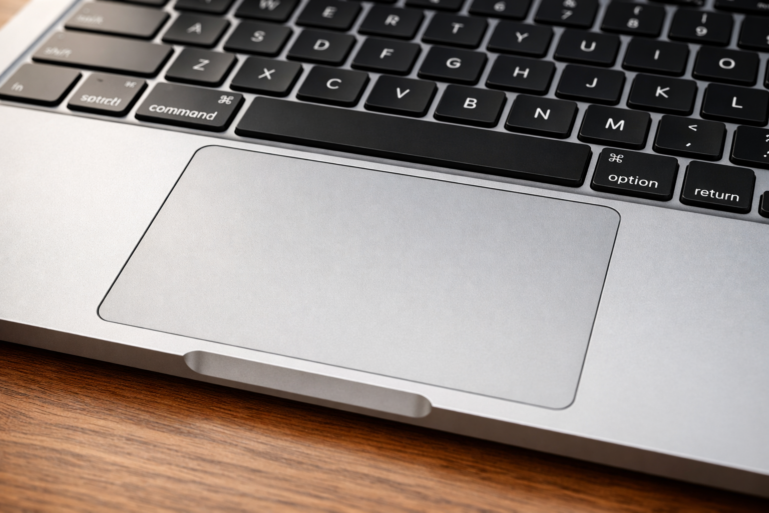 alt="Close-up of MacBook Neo keyboard and trackpad with sleek aluminum finish and clear key details"