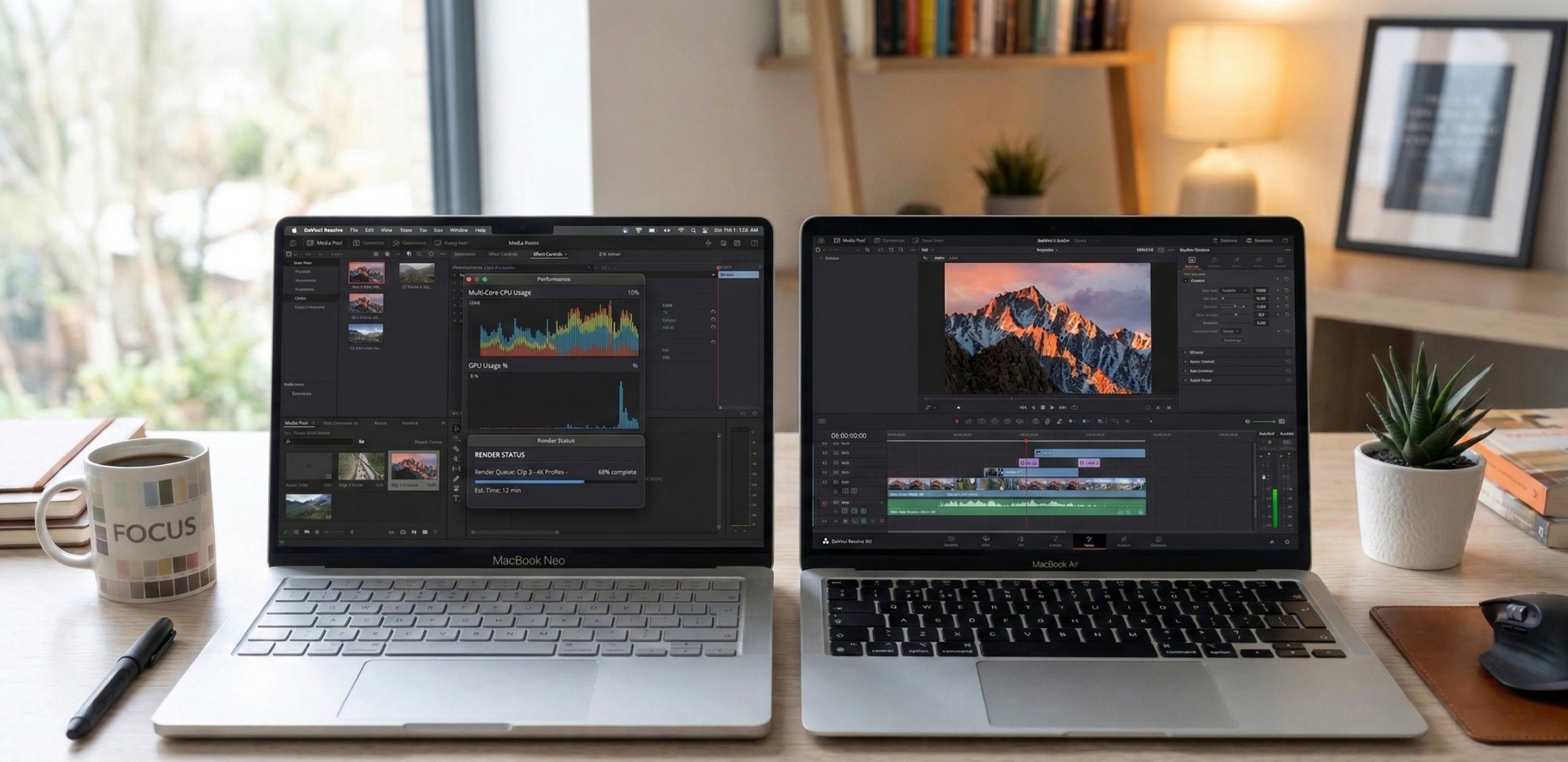alt="Side-by-side comparison of MacBook Neo and MacBook Air on desk, highlighting design and screen differences"
