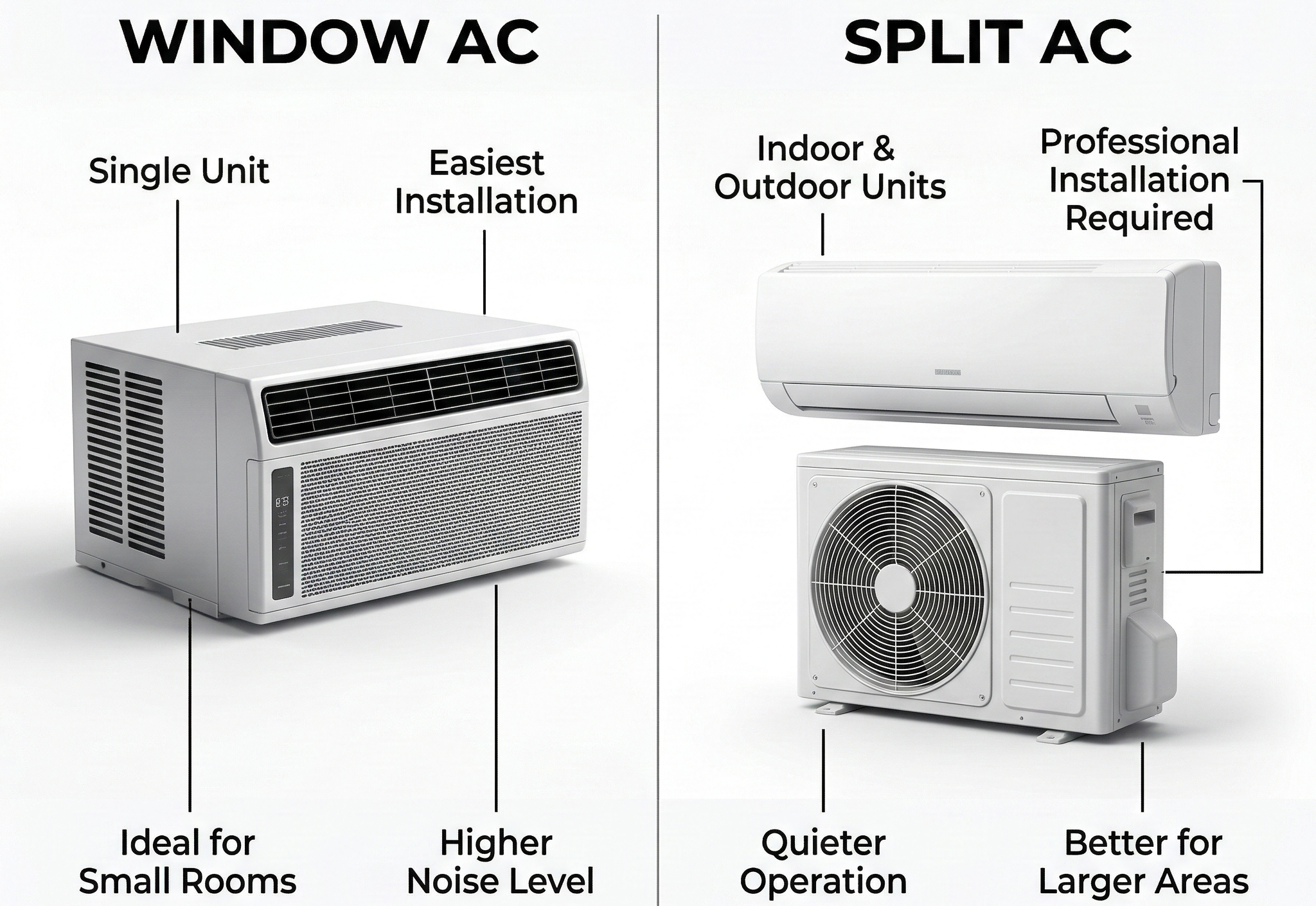 budget ac 2026 comparison showing window AC vs split AC on clean background