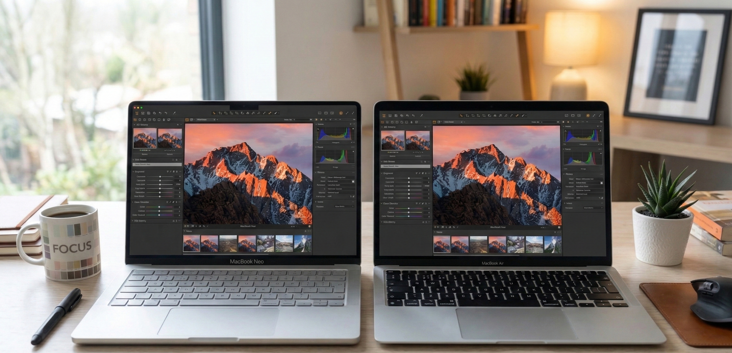 alt="MacBook Neo vibrant display showing photo editing software, showcasing color accuracy and sharpness"