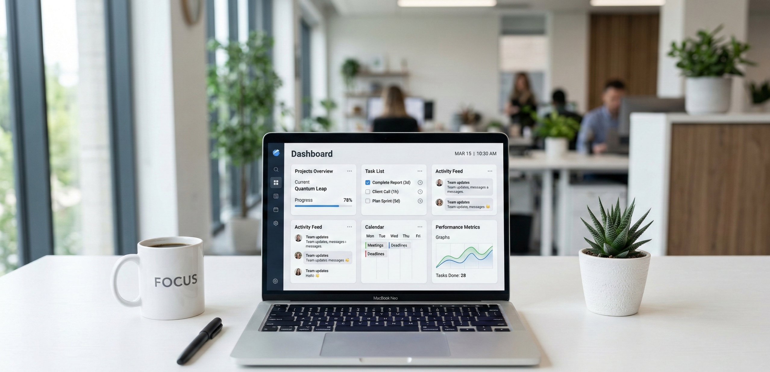 alt="MacBook Neo laptop on a modern desk, open and powered on, showing vibrant display and sleek aluminum design"