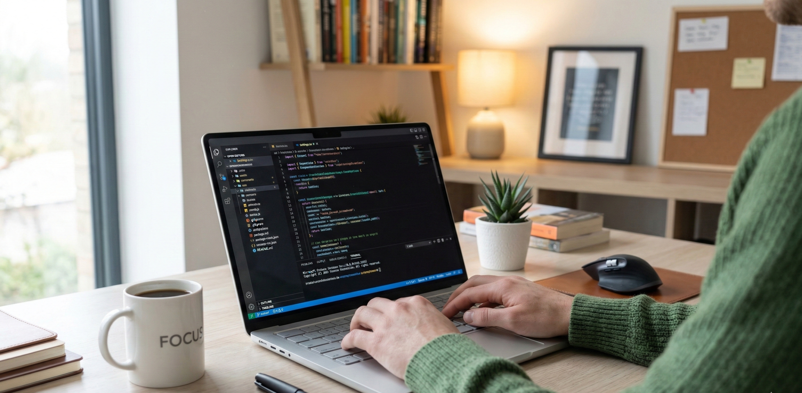 alt="Person using MacBook Neo laptop in home office setup, typing and working with coffee cup nearby"