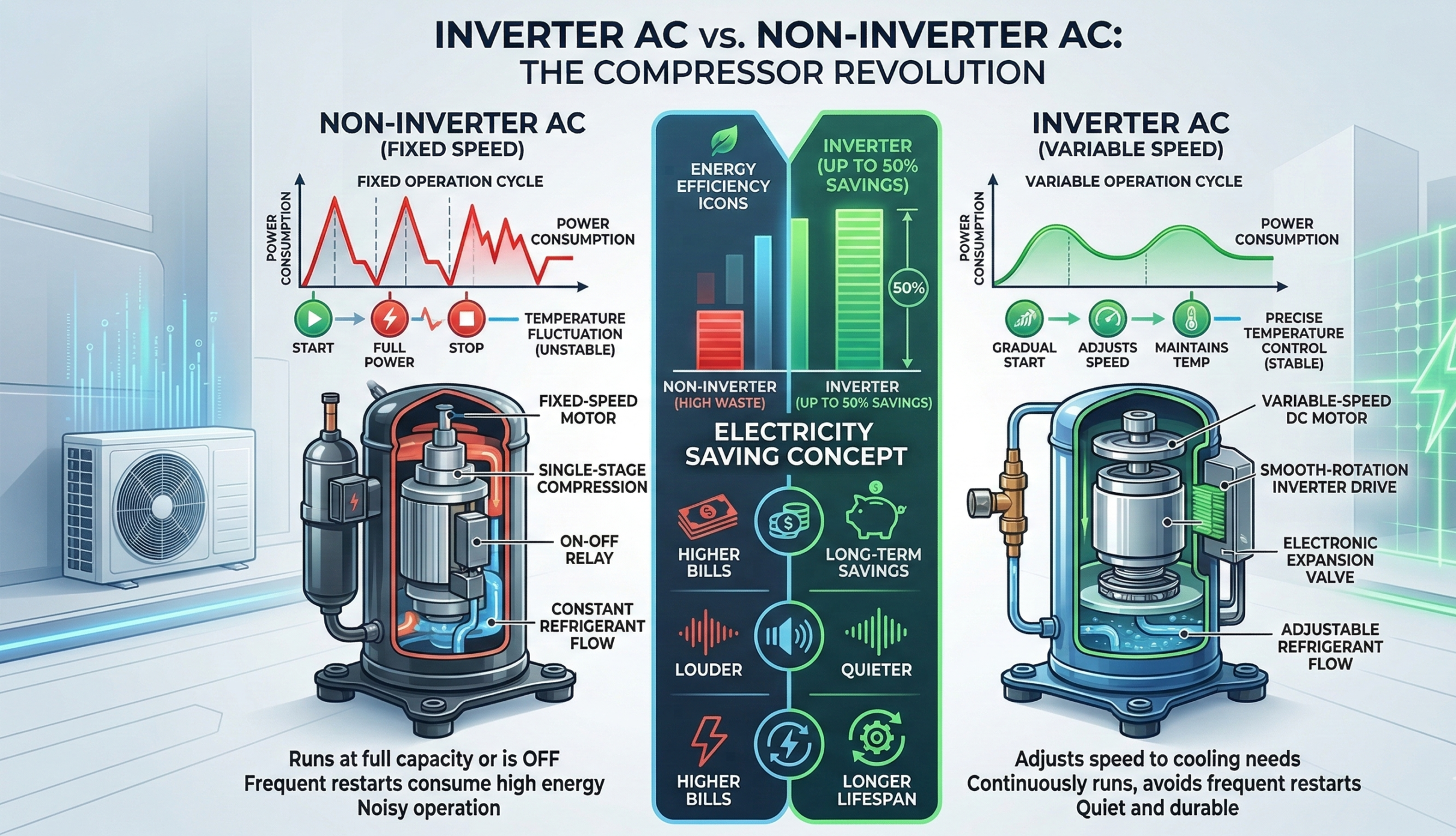 budget ac 2026 inverter AC vs normal AC energy efficiency comparison illustration