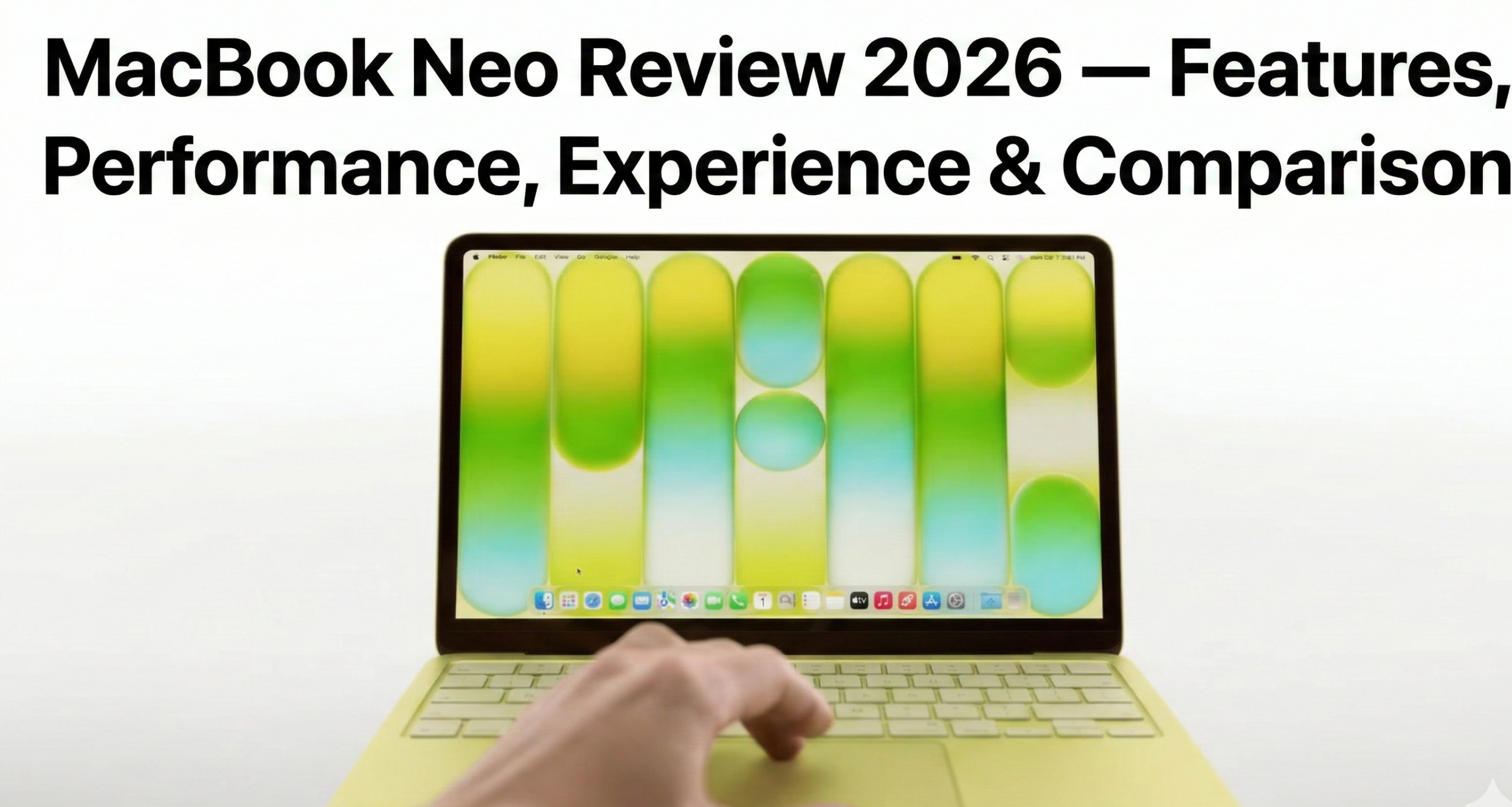 alt="MacBook Neo laptop on a modern desk, open and powered on, showing vibrant display and sleek aluminum design"