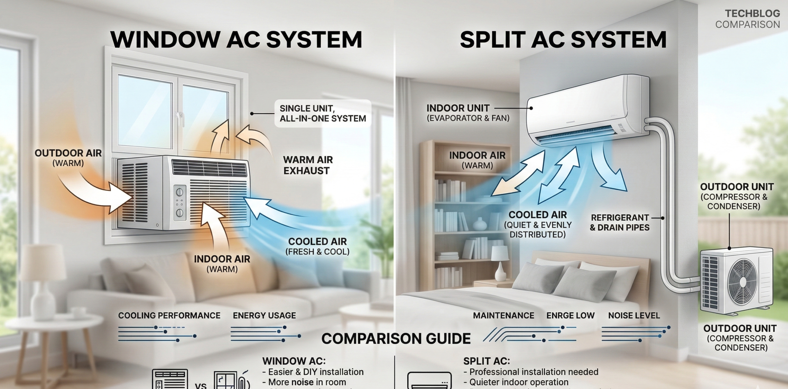 budget ac 2026 window AC vs split AC installation and cooling comparison infographic