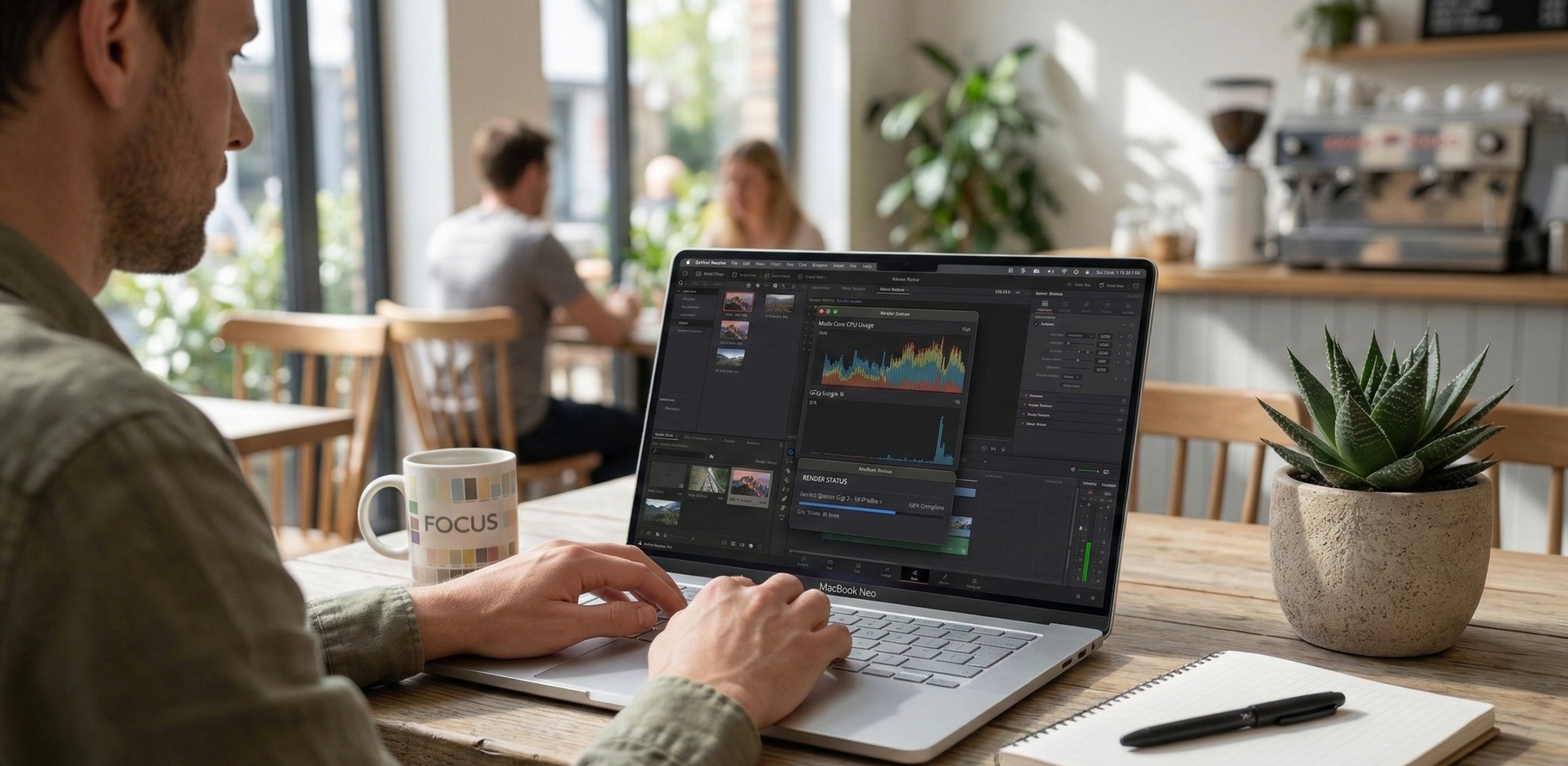 alt="MacBook Neo running video editing software with multiple windows open, demonstrating performance and multitasking"